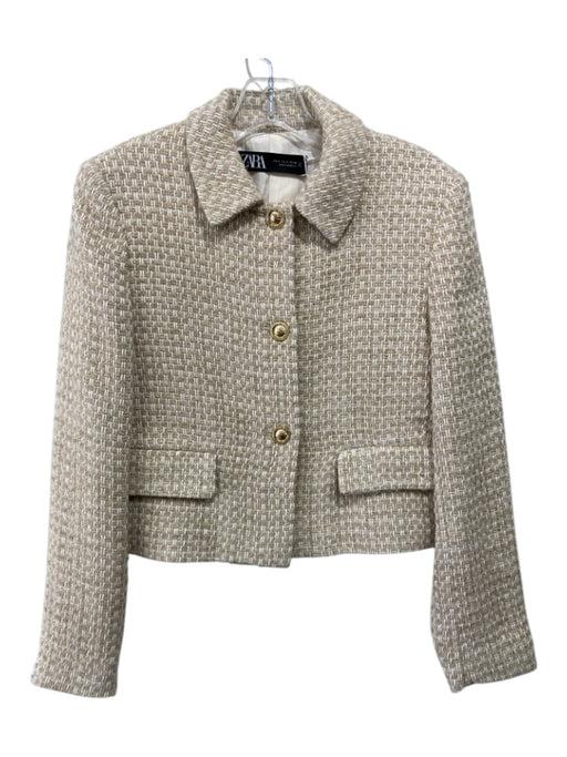 Zara Size S Beige Cotton Tweed Flap Pocket Button Long Sleeve Jacket Beige / S