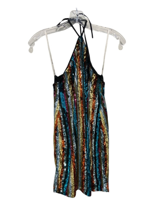 Lovers + Friends Size XS Gold & Blue Fully Sequined High Tie Neck Halter Dress Gold & Blue / XS