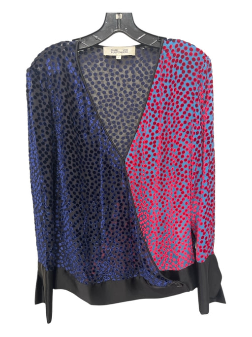 Diane Von Furstenberg Size S Blue & Red Viscose Blend Surplice Swiss Dot Top Blue & Red / S