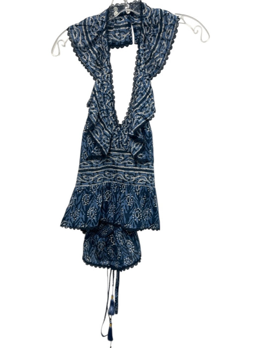Bell by Alicia Bell Size L Mixed Blues Cotton & Silk Halter Button Neck Top Mixed Blues / L