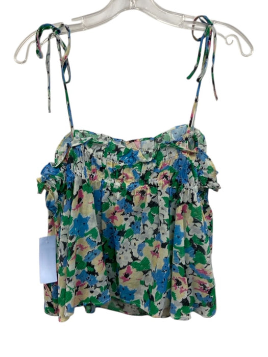 Ganni Size 42 Blue, Green & Multi Cotton Abstract Floral Tie Shoulder Top Blue, Green & Multi / 42