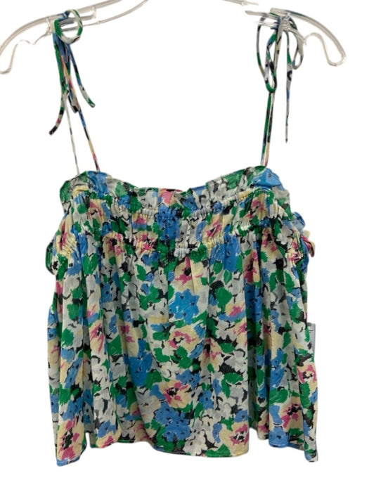 Ganni Size 42 Blue, Green & Multi Cotton Abstract Floral Tie Shoulder Top Blue, Green & Multi / 42