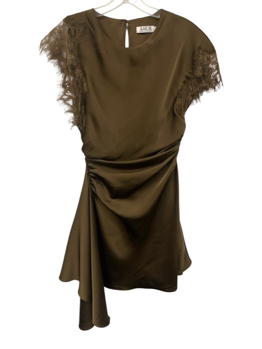 AMUR Size 8 Taupe Brown Polyester Satin Lace Cap Sleeve Ruched Sides Dress Taupe Brown / 8