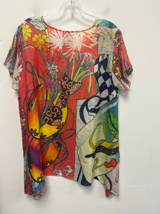 Johnny Was Size M Multi Silk Abstract Botanical Print Short Sleeve U Neck Top