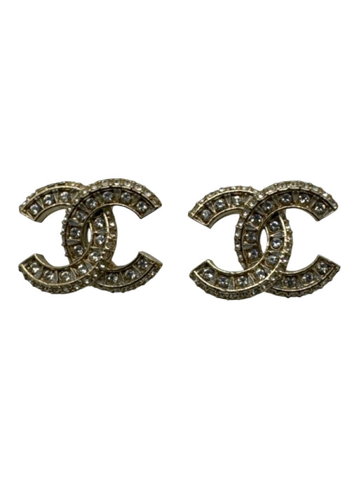 Chanel Gold Tone Rhinestone Interlocking Cs Post Back Stud Logo Earrings Gold Tone