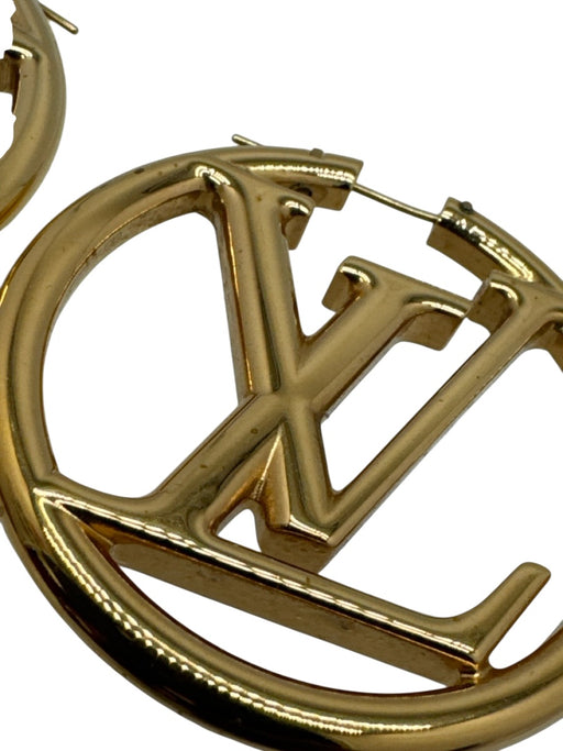 Louis Vuitton Gold Tone Metal Circle Logo Monogram Hoop Earrings Gold Tone