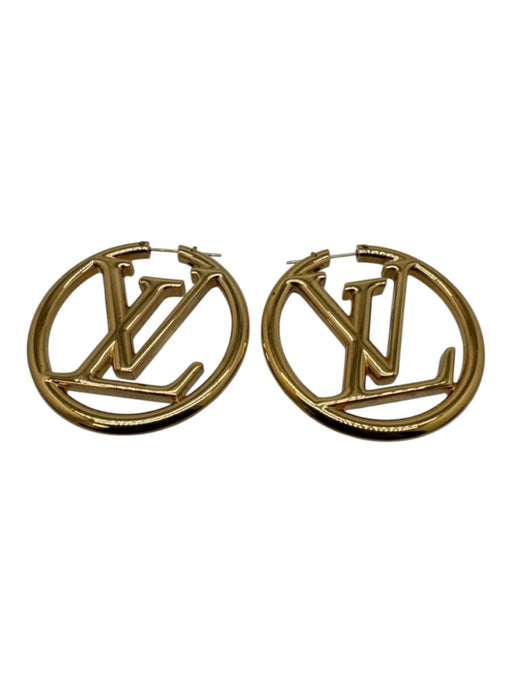 Louis Vuitton Gold Tone Metal Circle Logo Monogram Hoop Earrings Gold Tone