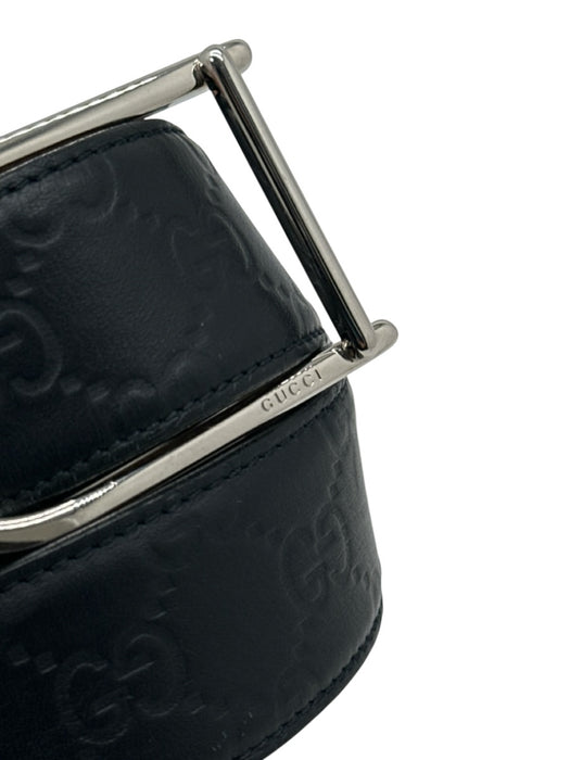 Gucci AS IS Black Leather Monogram Silver Hardware Men's Belt Black