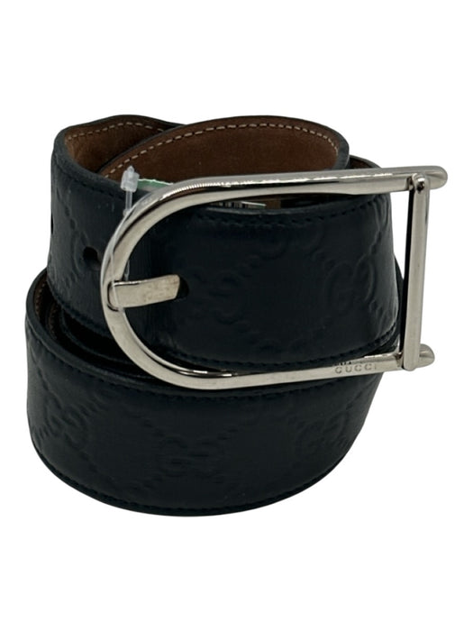 Gucci AS IS Black Leather Monogram Silver Hardware Men's Belt Black