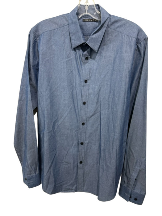 Theory Size M Blue Cotton Solid Button Up Spread Collar Men's Long Sleeve Shirt Blue / M