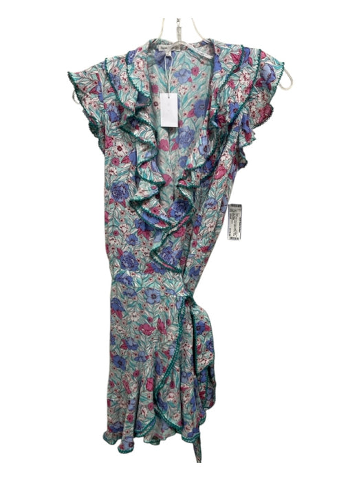 Poupette St. Barth Size Small White, Pink & Blue Cotton Ruffle Cap Sleeve Dress White, Pink & Blue / Small