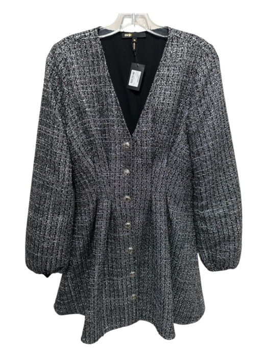 Maje Size 38 Silver & Black Polyester Blend Tweed Snap Button Collarless Coat Silver & Black / 38