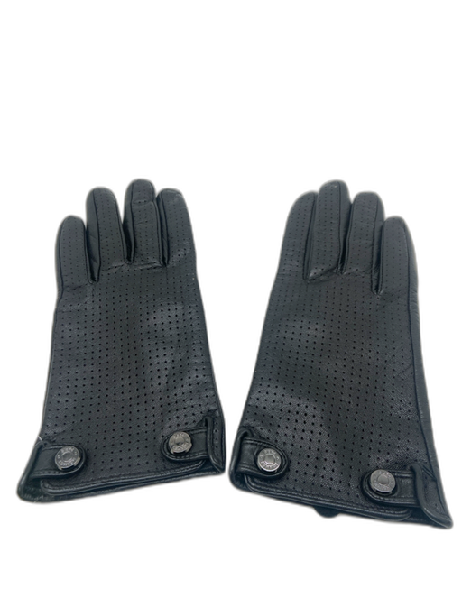 Hermes Black Leather Perforated Snaps Vintage Gloves Black