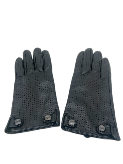 Hermes Black Leather Perforated Snaps Vintage Gloves Black