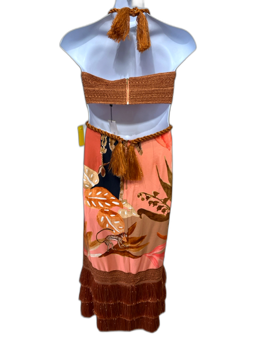 PatBo Size 10 Peach & Orange Viscose Floral Abstact Heel Fringe Midi Dress Peach & Orange / 10