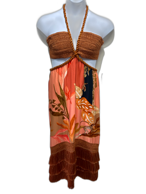 PatBo Size 10 Peach & Orange Viscose Floral Abstact Heel Fringe Midi Dress Peach & Orange / 10