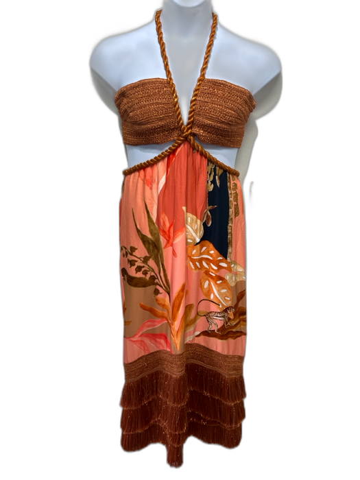 PatBo Size 10 Peach & Orange Viscose Floral Abstact Heel Fringe Midi Dress Peach & Orange / 10