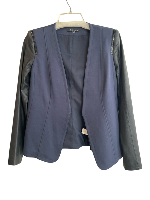 Theory Size S Navy Viscose Blend Faux Leather Details Open Front Jacket Navy / S