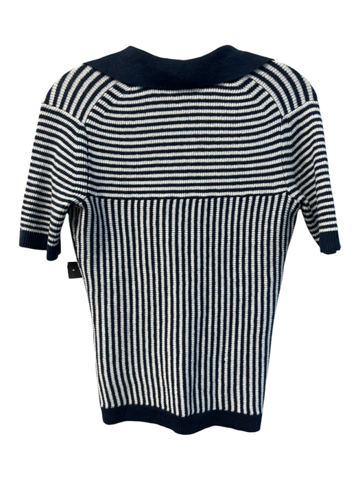 Reiss Size S Navy & white Linen Blend V Neck Collared Striped Short Sleeve Top Navy & white / S
