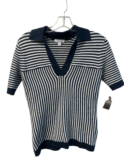 Reiss Size S Navy & white Linen Blend V Neck Collared Striped Short Sleeve Top Navy & white / S