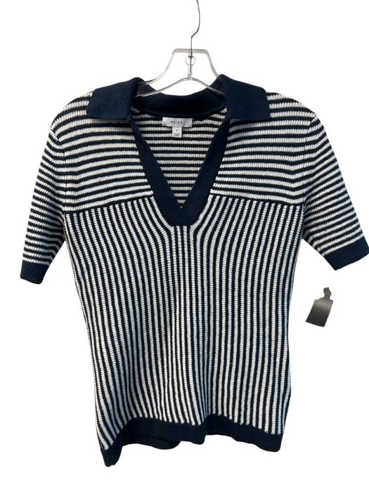 Reiss Size S Navy & white Linen Blend V Neck Collared Striped Short Sleeve Top Navy & white / S