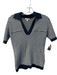 Reiss Size S Navy & white Linen Blend V Neck Collared Striped Short Sleeve Top Navy & white / S