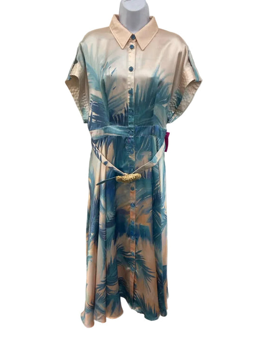 Leo Lin Size 10 Blue & Peach Viscose Short Sleeve Abstract Print Buttons Dress