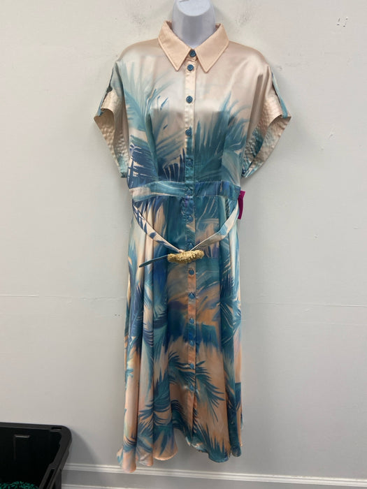 Leo Lin Size 10 Blue & Peach Viscose Short Sleeve Abstract Print Buttons Dress