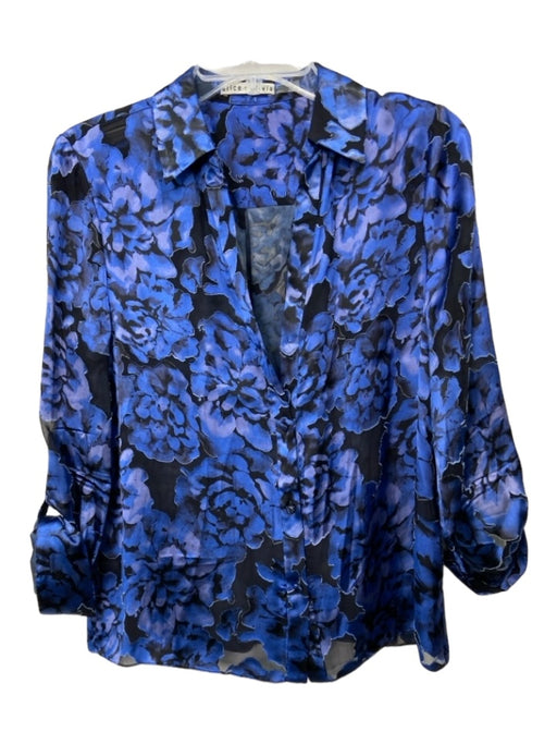 Alice + Olivia Size M Blue & Black Viscose Blend Collared Button Up Floral Top Blue & Black / M