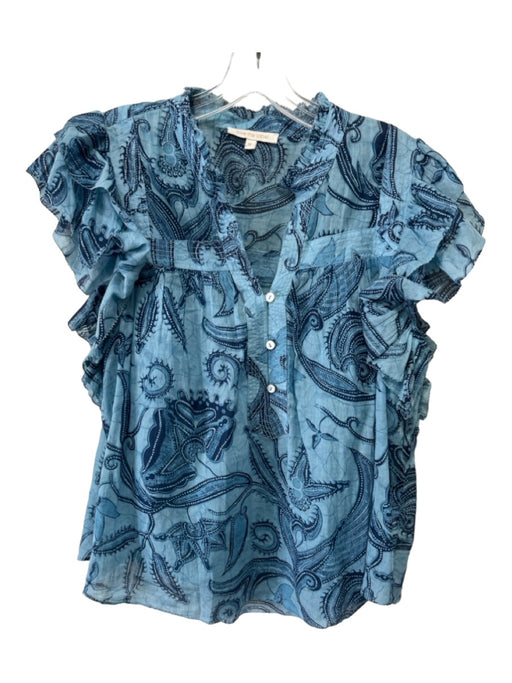 Love The Label Size M Blue & Navy Cotton Raw Hem Floral Paisley Buttons Top Blue & Navy / M