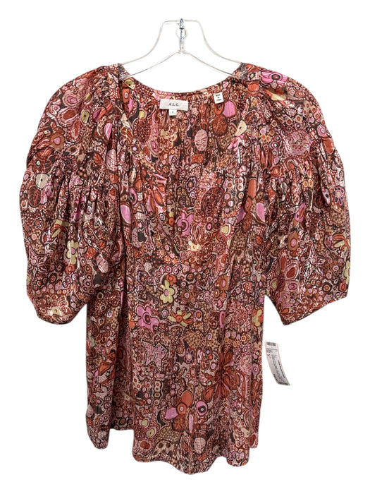 A.L.C. Size 6 Orange, Pink & Black Silk Short Balloon Sleeve Abstract Print Top Orange, Pink & Black / 6