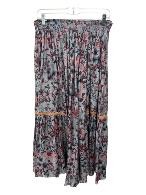 Chufy Size Small Gray, Burgundy & Navy Cupra Smocked Waist Band Floral Skirt Gray, Burgundy & Navy / Small