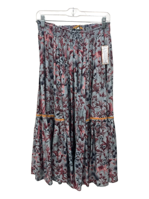 Chufy Size Small Gray, Burgundy & Navy Cupra Smocked Waist Band Floral Skirt Gray, Burgundy & Navy / Small