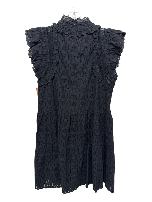 Sea New York Size 8 Black Cotton Eyelet Short Cap Sleeve Mock Collar Dress Black / 8