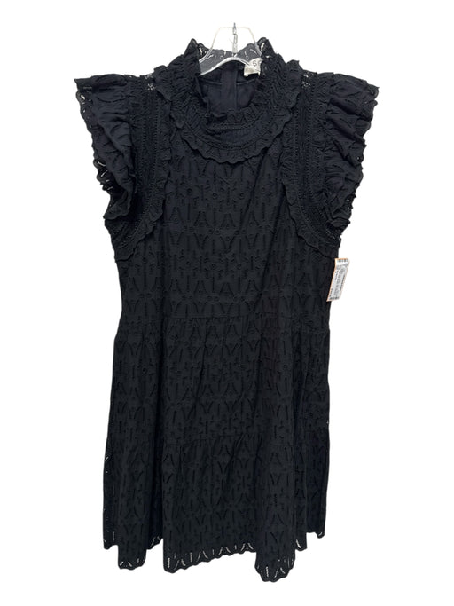 Sea New York Size 8 Black Cotton Eyelet Short Cap Sleeve Mock Collar Dress Black / 8