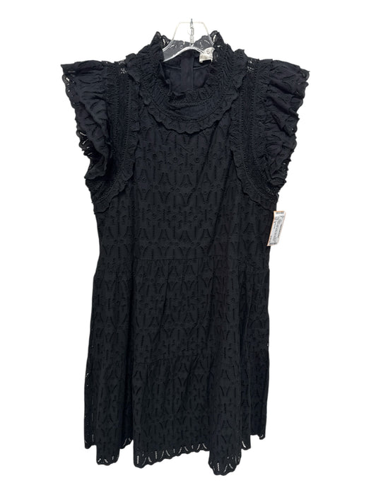 Sea New York Size 8 Black Cotton Eyelet Short Cap Sleeve Mock Collar Dress Black / 8