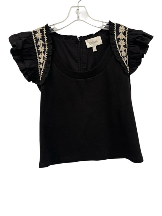 Cleobella Size L Black & Cream Beige Cotton Blend Ruffle Cap Sleeve U Neck Top Black & Cream Beige / L