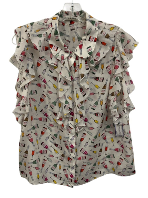 Alice + Olivia Size L White & Multi Silk Sleeveless Drink Print Button Up Top White & Multi / L