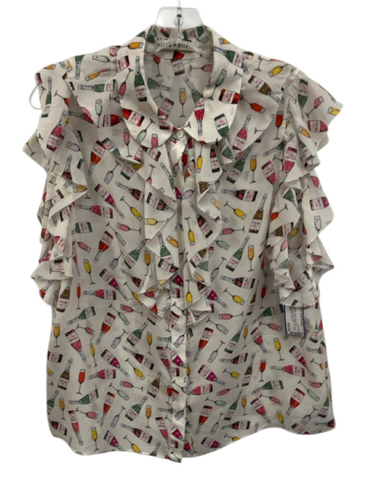 Alice + Olivia Size L White & Multi Silk Sleeveless Drink Print Button Up Top White & Multi / L