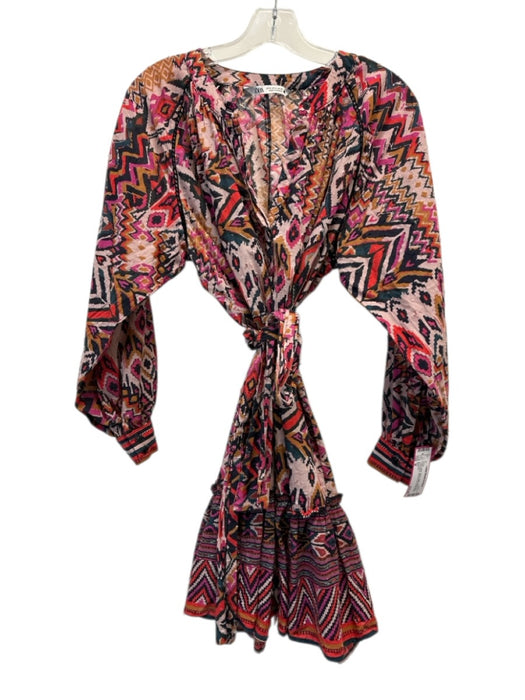 Zara Size M Purple, Black, Multi Cotton Button Up Long Sleeve Knee length Dress Purple, Black, Multi / M