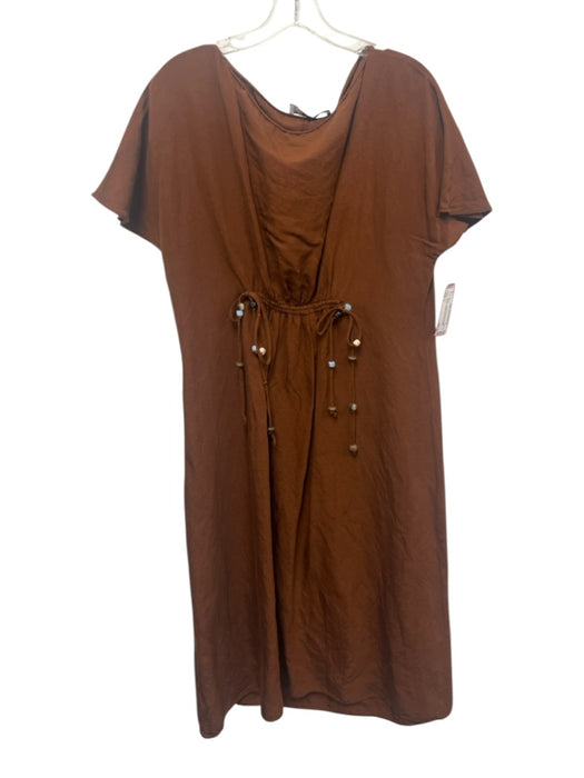 Zara Size L Brown Viscose & Linen Short Cap Sleeve Tassel Detail Midi Dress Brown / L