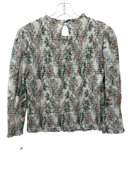 Veronica Beard Size 6 Beige & Multi Cotton Smocked Keyhole Back Floral Print Top Beige & Multi / 6