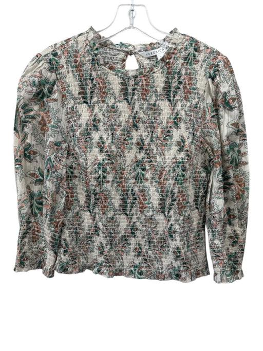 Veronica Beard Size 6 Beige & Multi Cotton Smocked Keyhole Back Floral Print Top Beige & Multi / 6