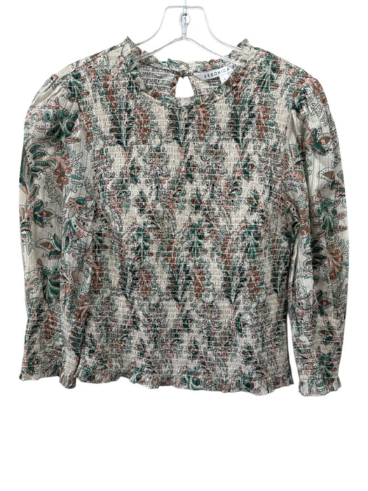 Veronica Beard Size 6 Beige & Multi Cotton Smocked Keyhole Back Floral Print Top Beige & Multi / 6