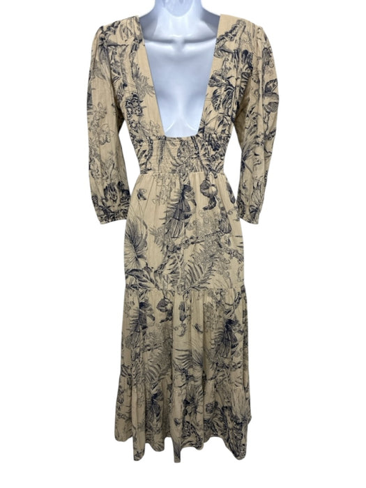 Love The Label Size S Beige & Navy Cotton Long Sleeve Floral Deep v neck Dress Beige & Navy / S