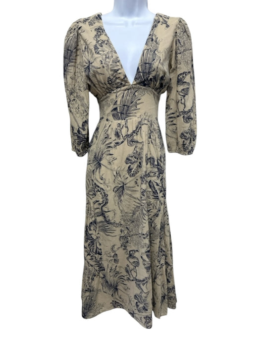 Love The Label Size S Beige & Navy Cotton Long Sleeve Floral Deep v neck Dress Beige & Navy / S