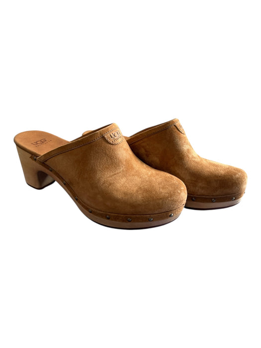 Ugg Shoe Size 8 Brown & Tan Leather Sheepskin Studded Wooden Heel Clogs Brown & Tan / 8