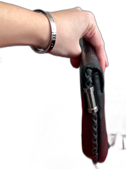 OWN Black Leather Flap Braided Trim Snake Embossed Crossbody Strap Bag Black / S