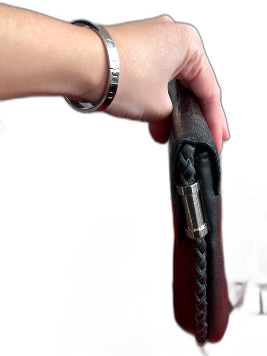 OWN Black Leather Flap Braided Trim Snake Embossed Crossbody Strap Bag Black / S