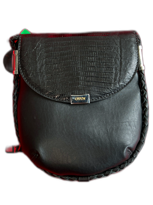 OWN Black Leather Flap Braided Trim Snake Embossed Crossbody Strap Bag Black / S